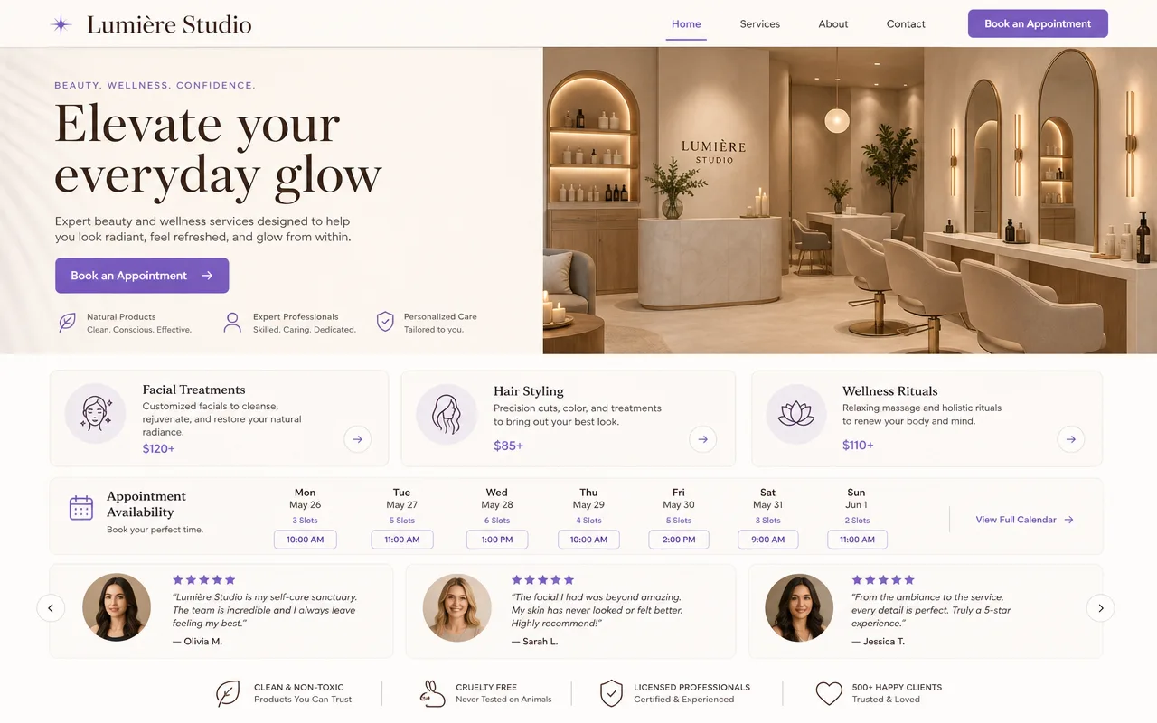SEO-optimized beauty and wellness website with services, appointment booking, and a mobile-first design.
